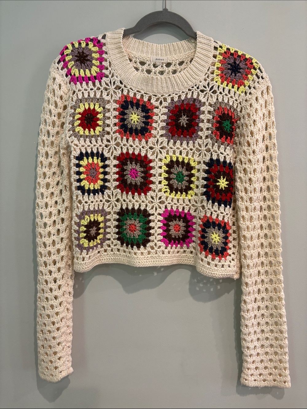 Debut Crochet Granny Square Boho Crop Sweater Size M
